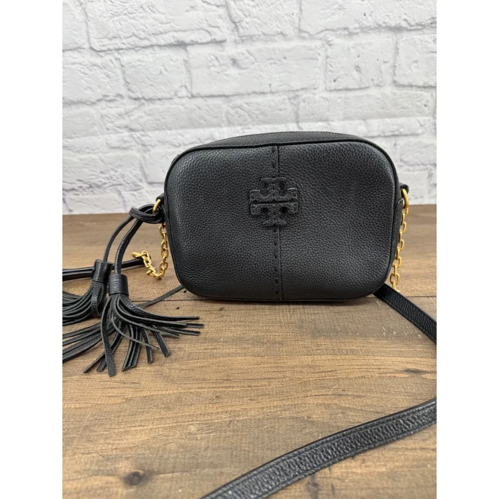 Tory Burch McGraw Black Pebbled Leather Camera Crossbody Bag with Tassel